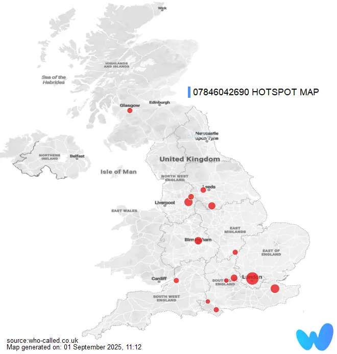 Regional Call Activity Map for 07846042690 | who-called.co.uk